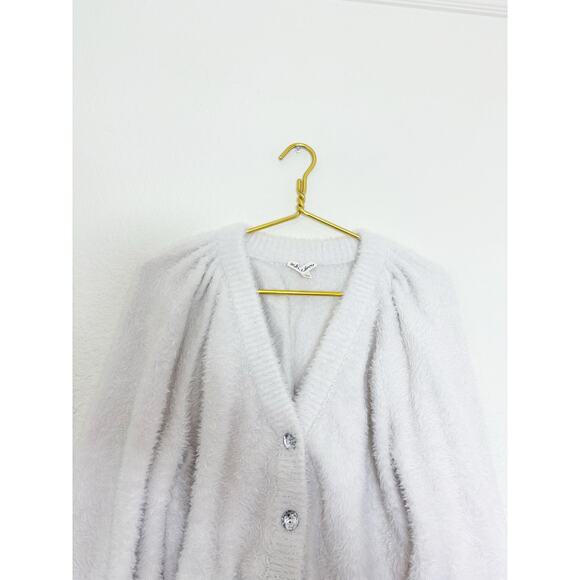 For Love & Lemons Fiona White Cardigan Size Large Fuzzy Puff Sleeve Rhinestone - Picture 4 of 14